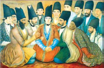 شاهزاده اى با اطرافيان،تابلو آبرنگ اثرى از صنيع الملك( 1267 هجرى قمرى)